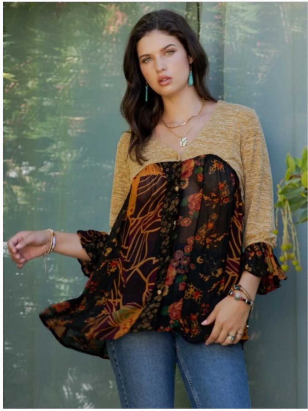 NWT Mixed-Media Floral Tunic Top in Mustard and Black